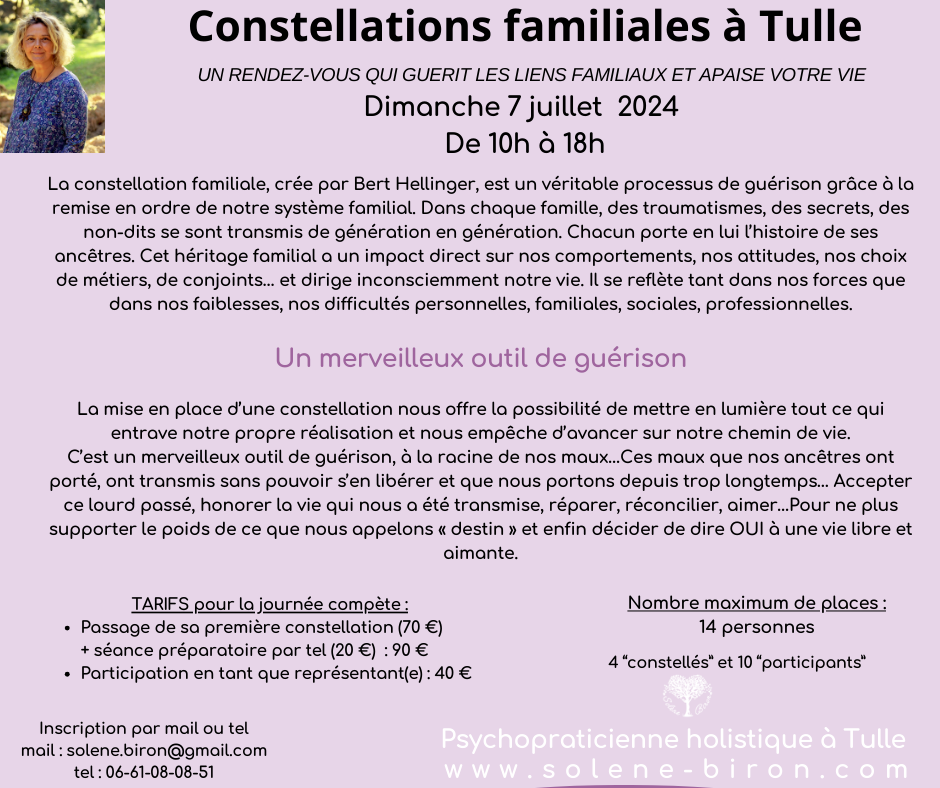 Atelier de constellations familiales à Tulle le 7 juillet 2024